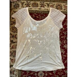 Miss Me Sequin Lace Sleeve Top – Women’s Size L Ivory White